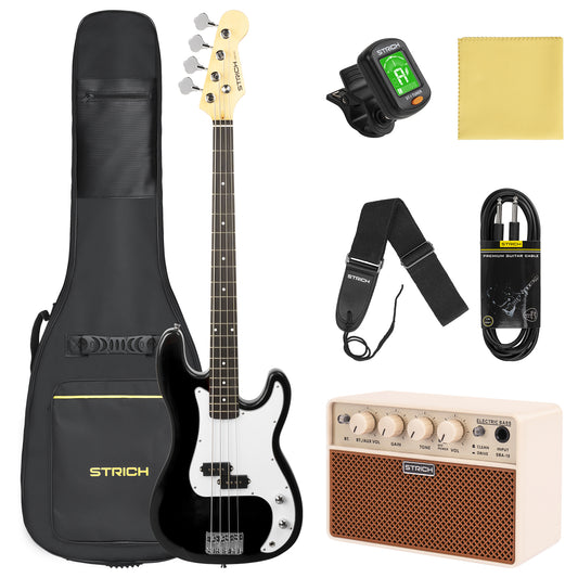 STRICH Electric Bass Guitar 4 Strings Full-Size Beginner Kit, PB-Style Standard Bass for Starter with 20w Amp, Bag, Tuner, Strap, Cable, SPB-S10 Black