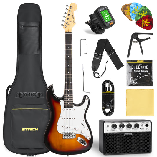 STRICH Electric Guitar Beginner Kit, Solid Body 39" Full Size Electric Guitar SSS Pick Up for Starter, with 10W Amp, Bag, Digital Tuner, Capo, Strap, String,Cable, Picks, SST-S10 Sunburst