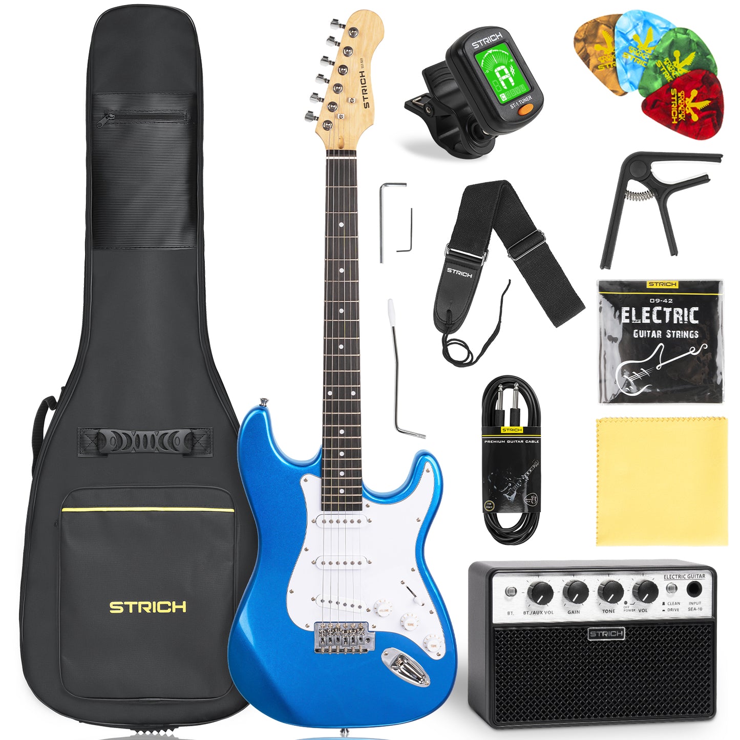 STRICH Electric Guitar Beginner Kit, Solid Body 39" Full Size Electric Guitar SSS Pick Up for Starter, with 10W Amp, Bag, Digital Tuner, Capo, Strap, String,Cable, Picks, SST-S10 Sunburst