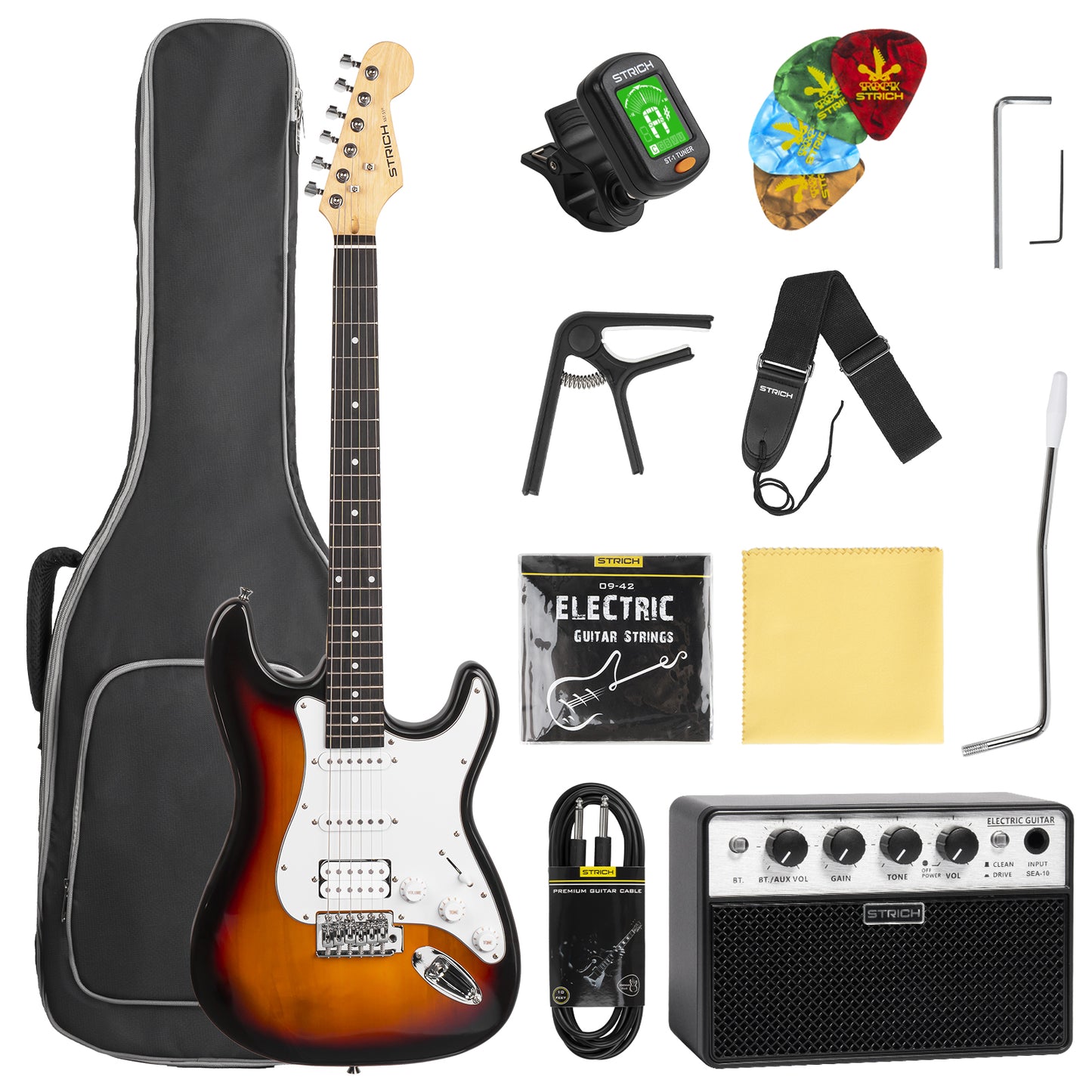 STRICH Electric Guitar Beginner Kit, Solid Body 39" Full Size Electric Guitar HSS Pick Up for Starter, with 10W Amp, Bag, Digital Tuner, Capo, Strap, String,Cable, Picks, SST-S20 Sunburst