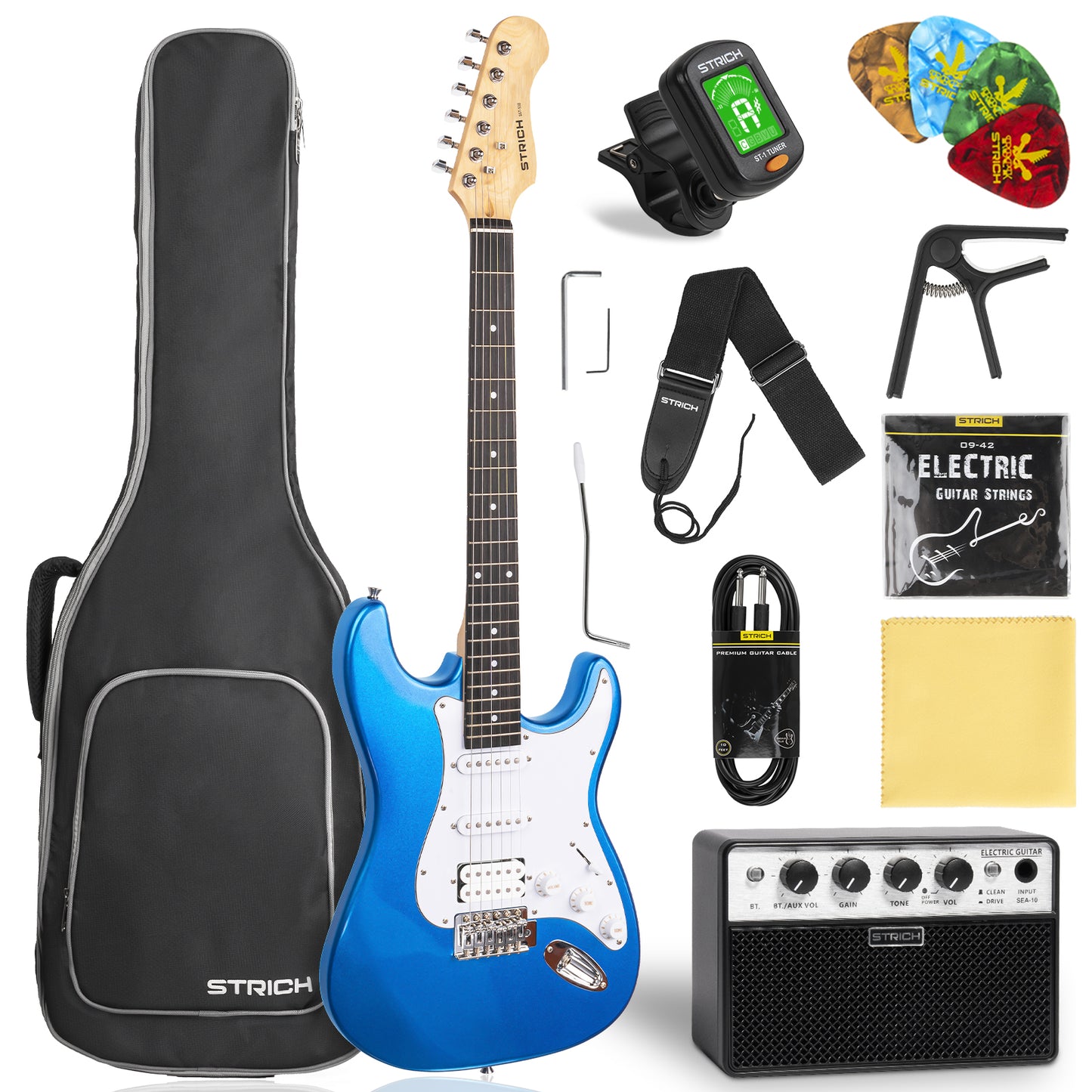 STRICH Electric Guitar Beginner Kit, Solid Body 39" Full Size Electric Guitar HSS Pick Up for Starter, with 10W Amp, Bag, Digital Tuner, Capo, Strap, String,Cable, Picks, SST-S20 Sunburst