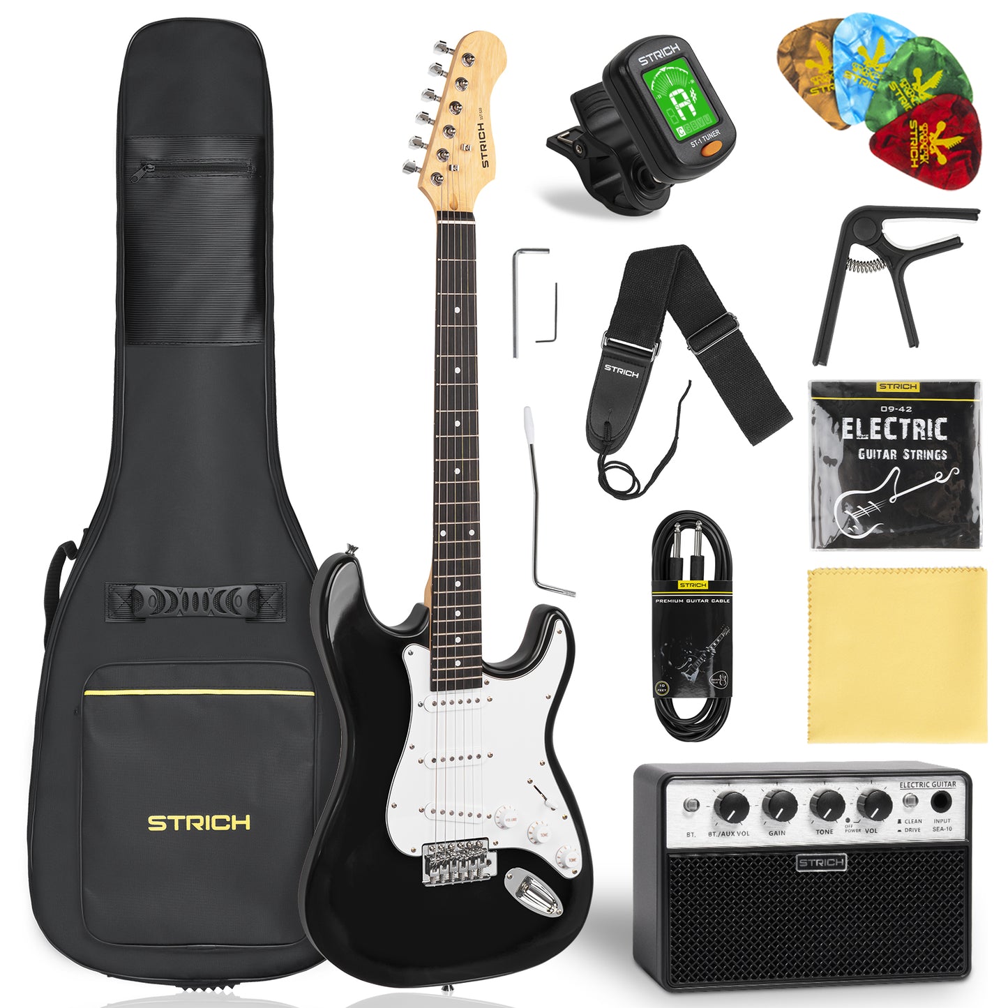 STRICH Electric Guitar Beginner Kit, Solid Body 39" Full Size Electric Guitar SSS Pick Up for Starter, with 10W Amp, Bag, Digital Tuner, Capo, Strap, String,Cable, Picks, SST-S10 Sunburst