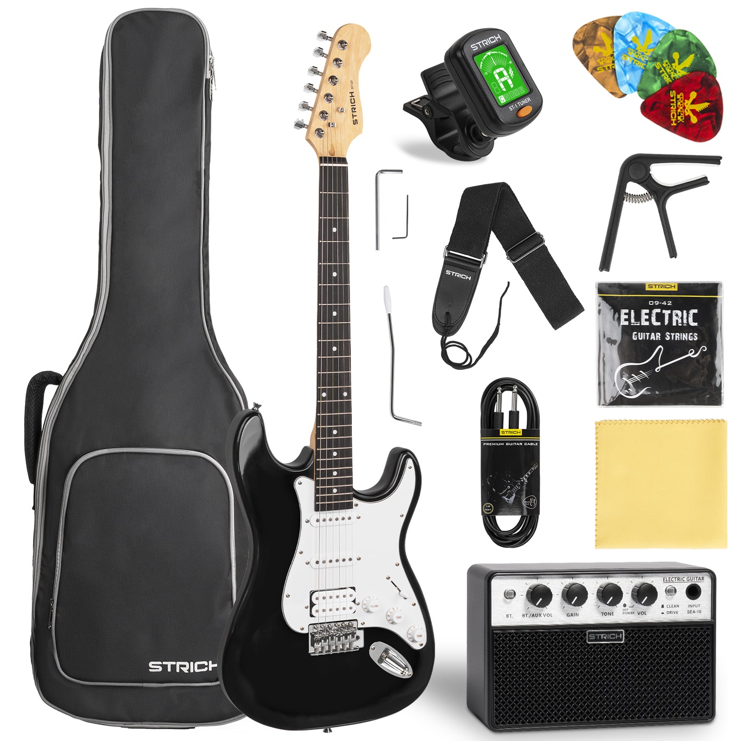 STRICH Electric Guitar Beginner Kit, Solid Body 39" Full Size Electric Guitar HSS Pick Up for Starter, with 10W Amp, Bag, Digital Tuner, Capo, Strap, String,Cable, Picks, SST-S20 Sunburst