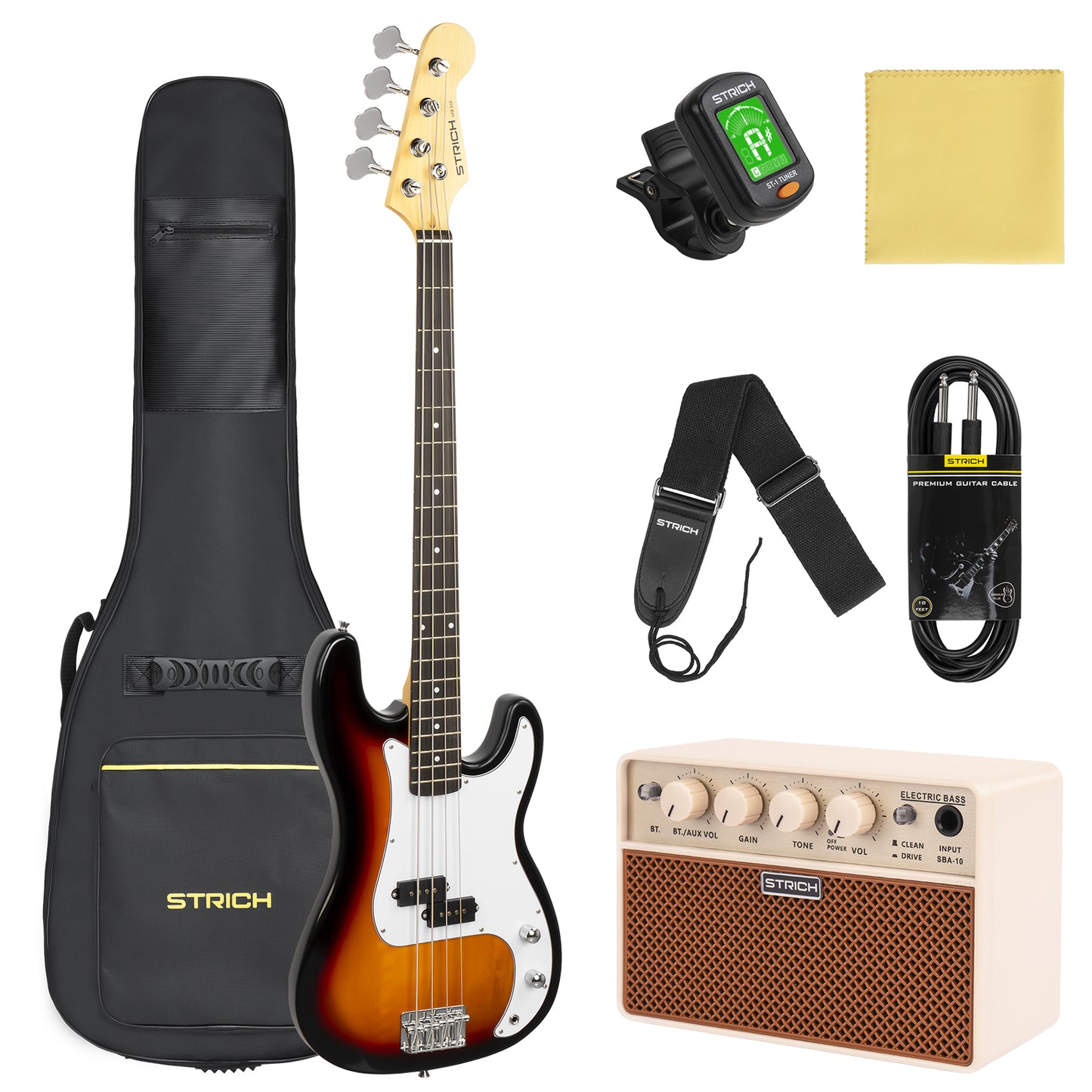 STRICH Electric Bass Guitar 4 Strings Full-Size Beginner Kit, PB-Style Standard Bass for Starter with 20w Amp, Bag, Tuner, Strap, Cable, SPB-S10 Black