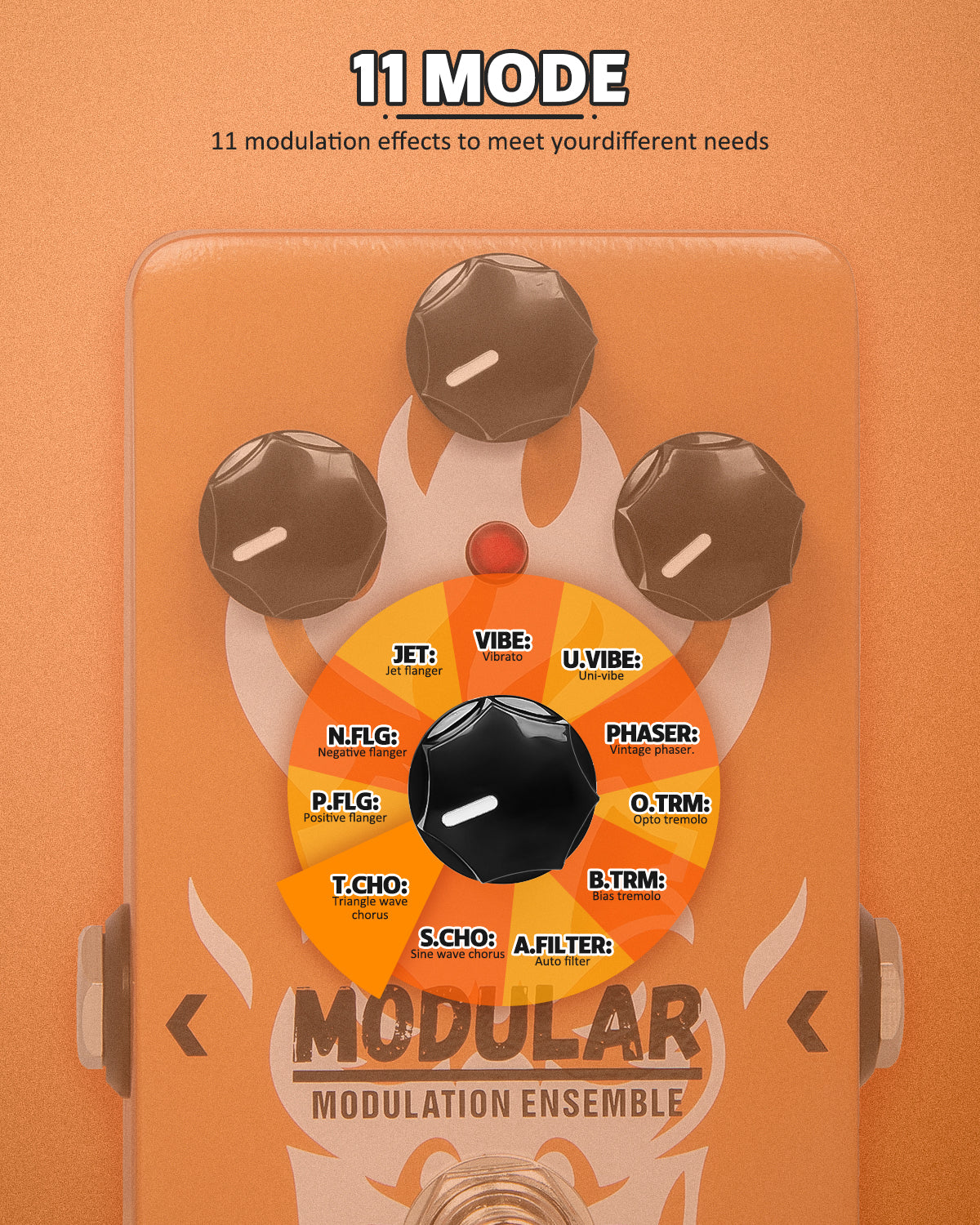 STRICH 11-Mode Modulation Guitar Pedal with Chorus, Phaser, Tremolo, Flanger, Vibrato, Auto Filter for Electric Guitar, True Bypass, Orange