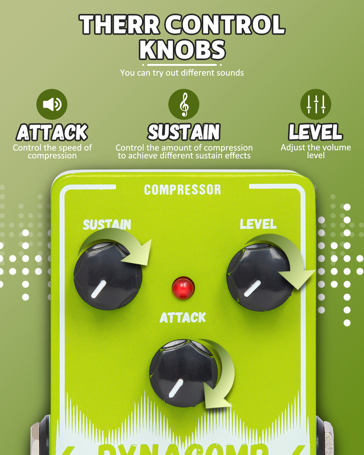 STRICH DYNACOMP Compressor Guitar Pedal, Essential Pure Analog Effect Pedal, 3 Knobs Control, True Bypass for Electric Guitar, Green