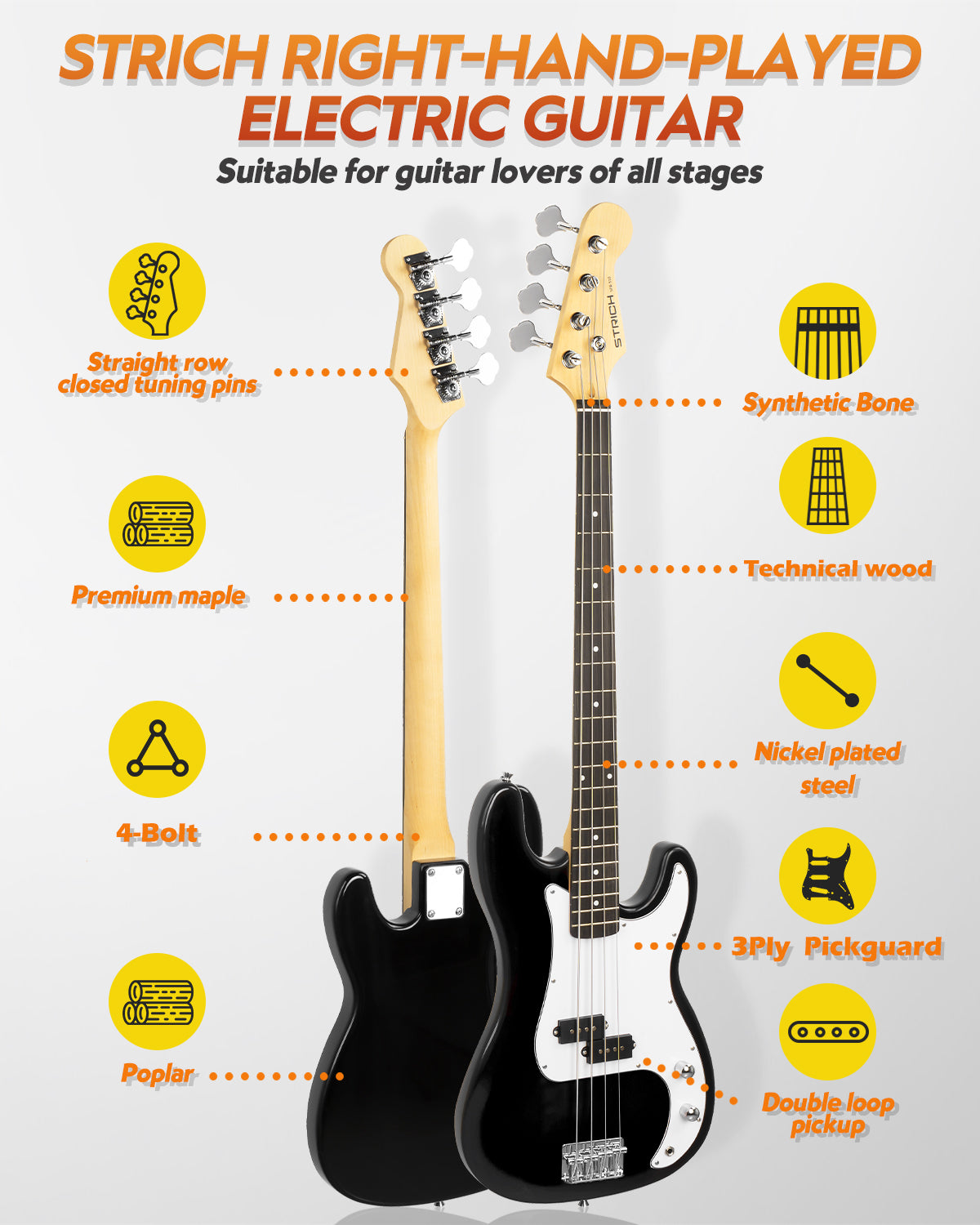 STRICH Electric Bass Guitar 4 Strings Full-Size Beginner Kit, PB-Style Standard Bass for Starter with 20w Amp, Bag, Tuner, Strap, Cable, SPB-S10 Black