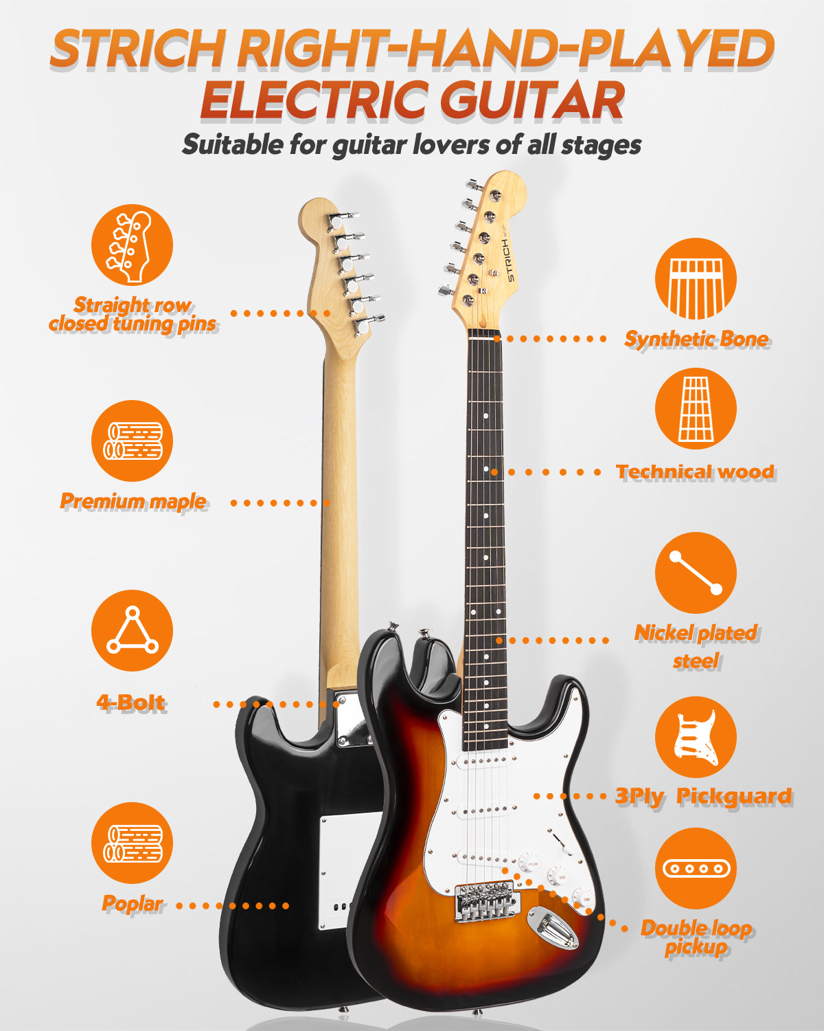 STRICH Electric Guitar Beginner Kit, Solid Body 39" Full Size Electric Guitar SSS Pick Up for Starter, with 10W Amp, Bag, Digital Tuner, Capo, Strap, String,Cable, Picks, SST-S10 Sunburst