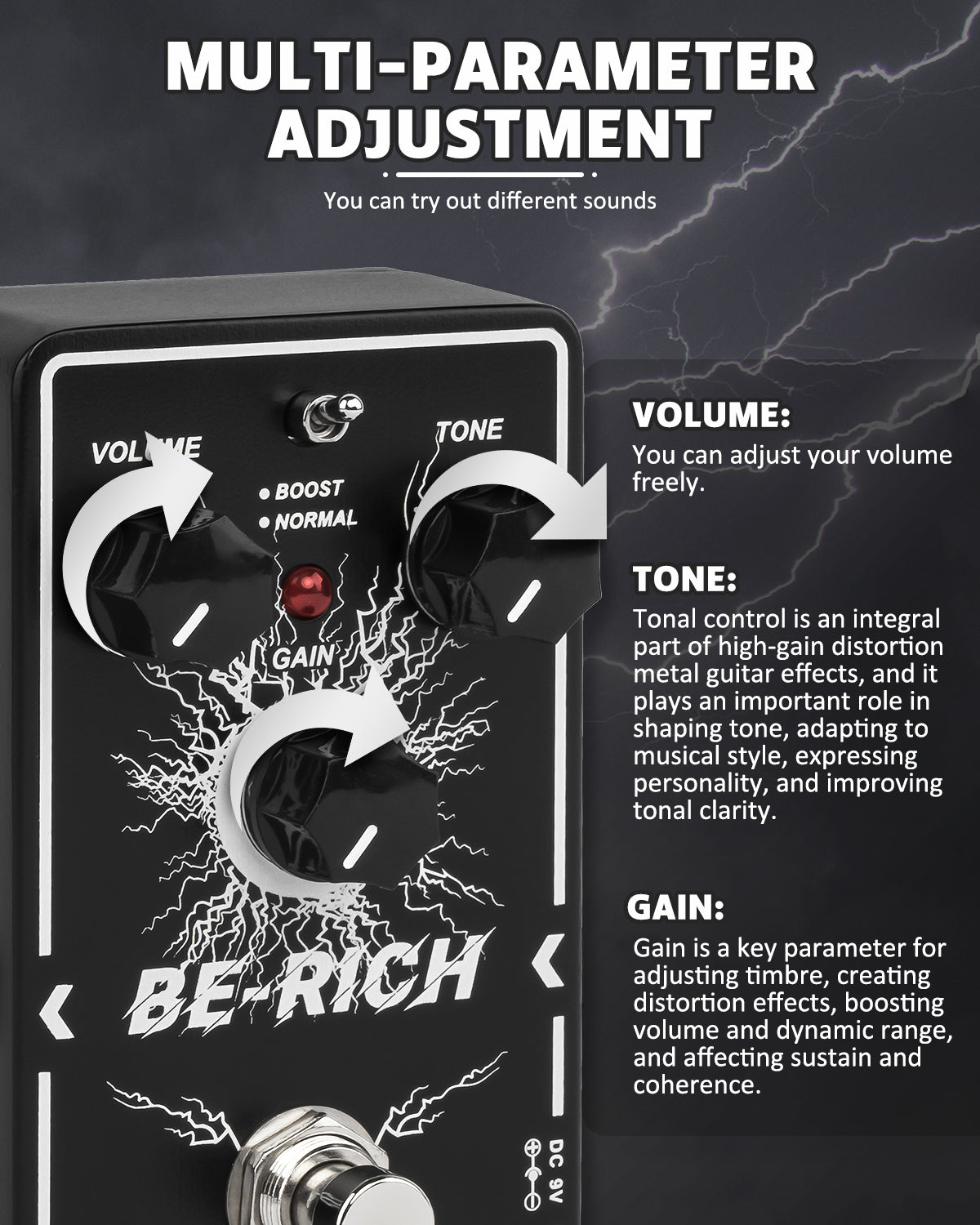 STRICH BE-RICH Tube Overdrive Distortion Pedal for Electric Guitar, Compact and Mini Design, True Bypass, 3 Control Knobs, Volume, Tone, Gain, Dual Mode Adjustment, Boost, Normal, 9V DC