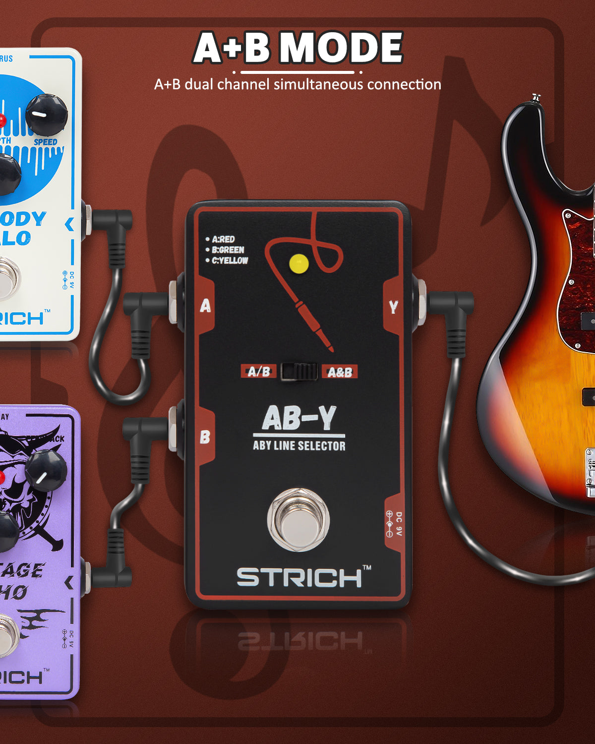 STRICH Dual Channel ABY Guitar Pedal, Electric Guitar Box Line Selector, Versatile AB Switch, True Bypass for Electric Guitar, Red and Black