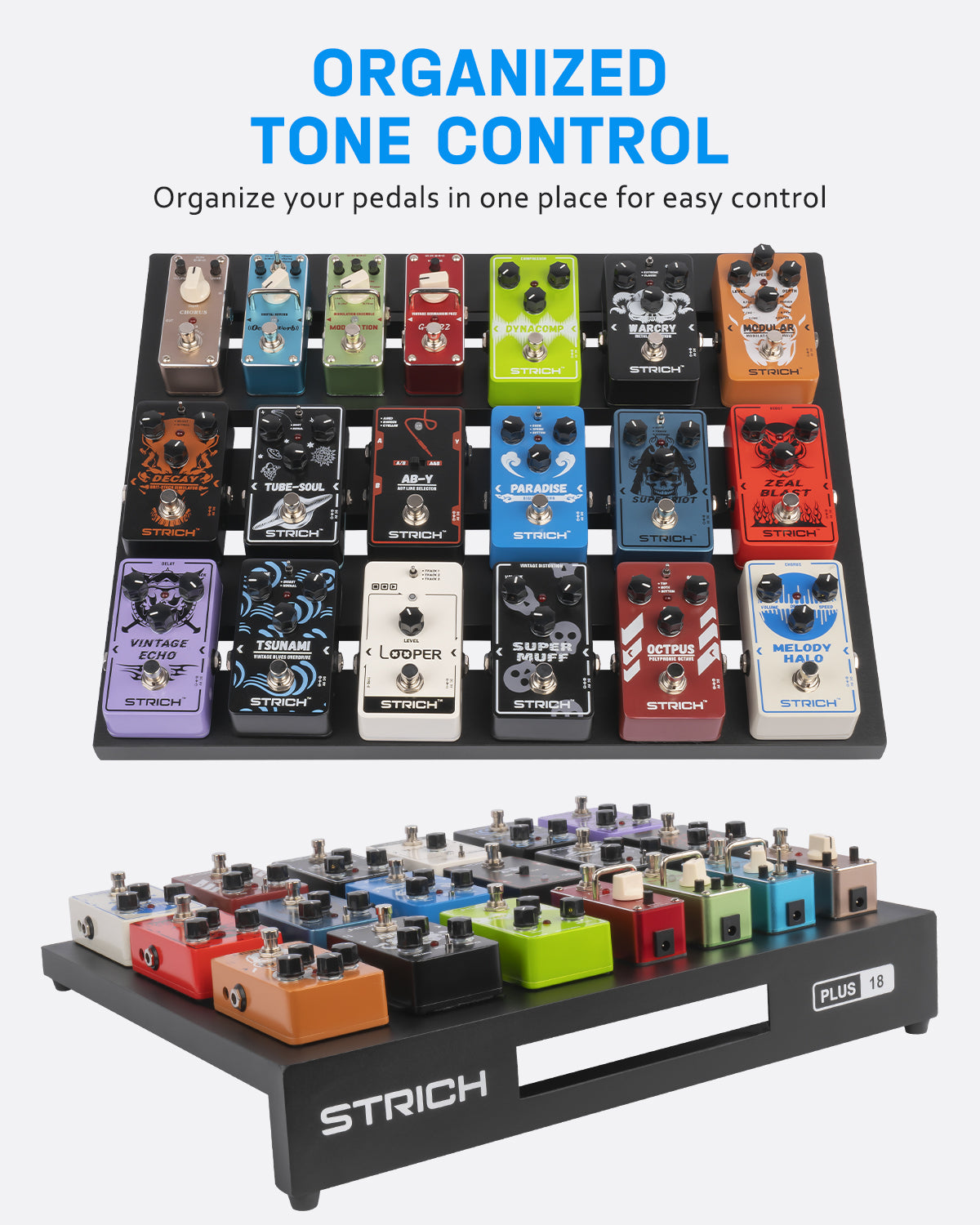STRICH Guitar Pedal Board Extra Large Size, Aircraft Grade Aluminum 2.6lb Lightweight Pedalboard 18'' x 14.6'' Effect Pedals board with Carry Bag, PLUS 18 (Angled)