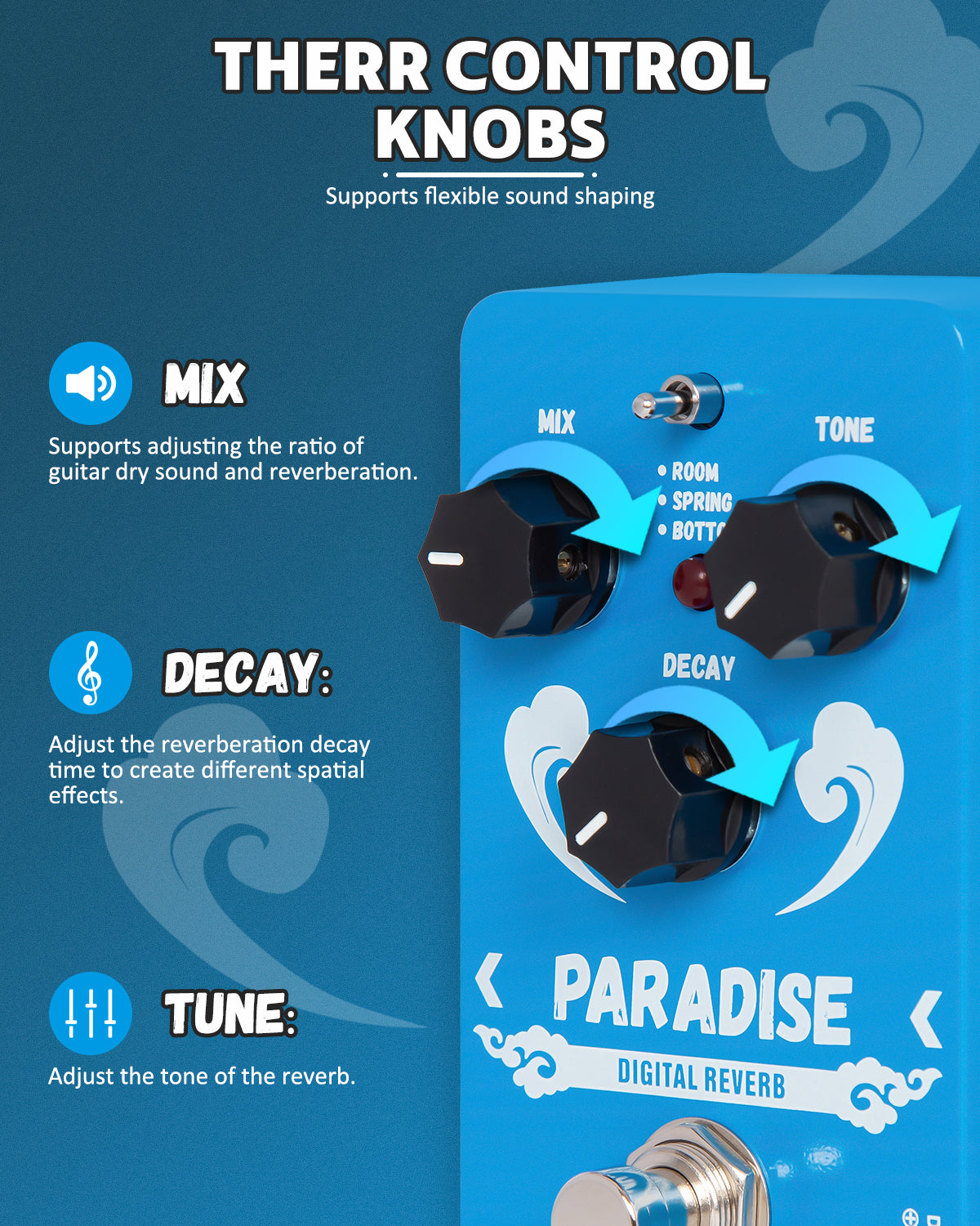 STRICH PARADISE Digital Reverb Guitar Pedal, Reverb Guitar Effect Pedal with 3 Modes, True Bypass for Electric Guitar, Blue