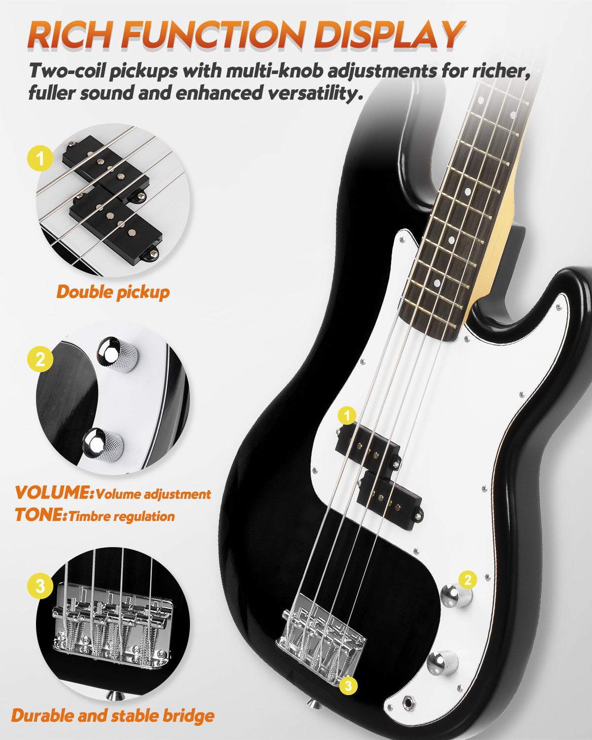 STRICH Electric Bass Guitar 4 Strings Full-Size Beginner Kit, PB-Style Standard Bass for Starter with 20w Amp, Bag, Tuner, Strap, Cable, SPB-S10 Black