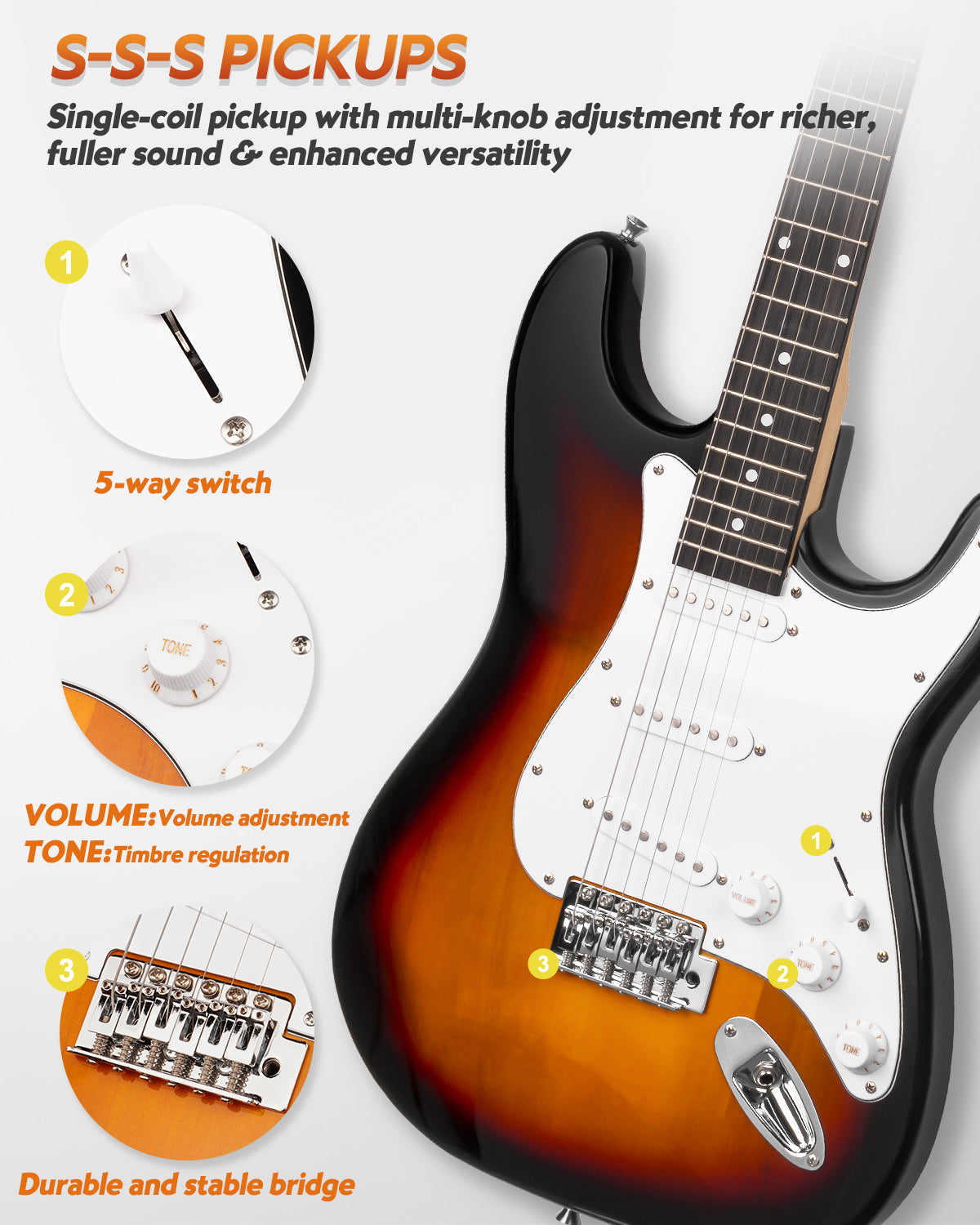 STRICH Electric Guitar Beginner Kit, Solid Body 39" Full Size Electric Guitar SSS Pick Up for Starter, with 10W Amp, Bag, Digital Tuner, Capo, Strap, String,Cable, Picks, SST-S10 Sunburst