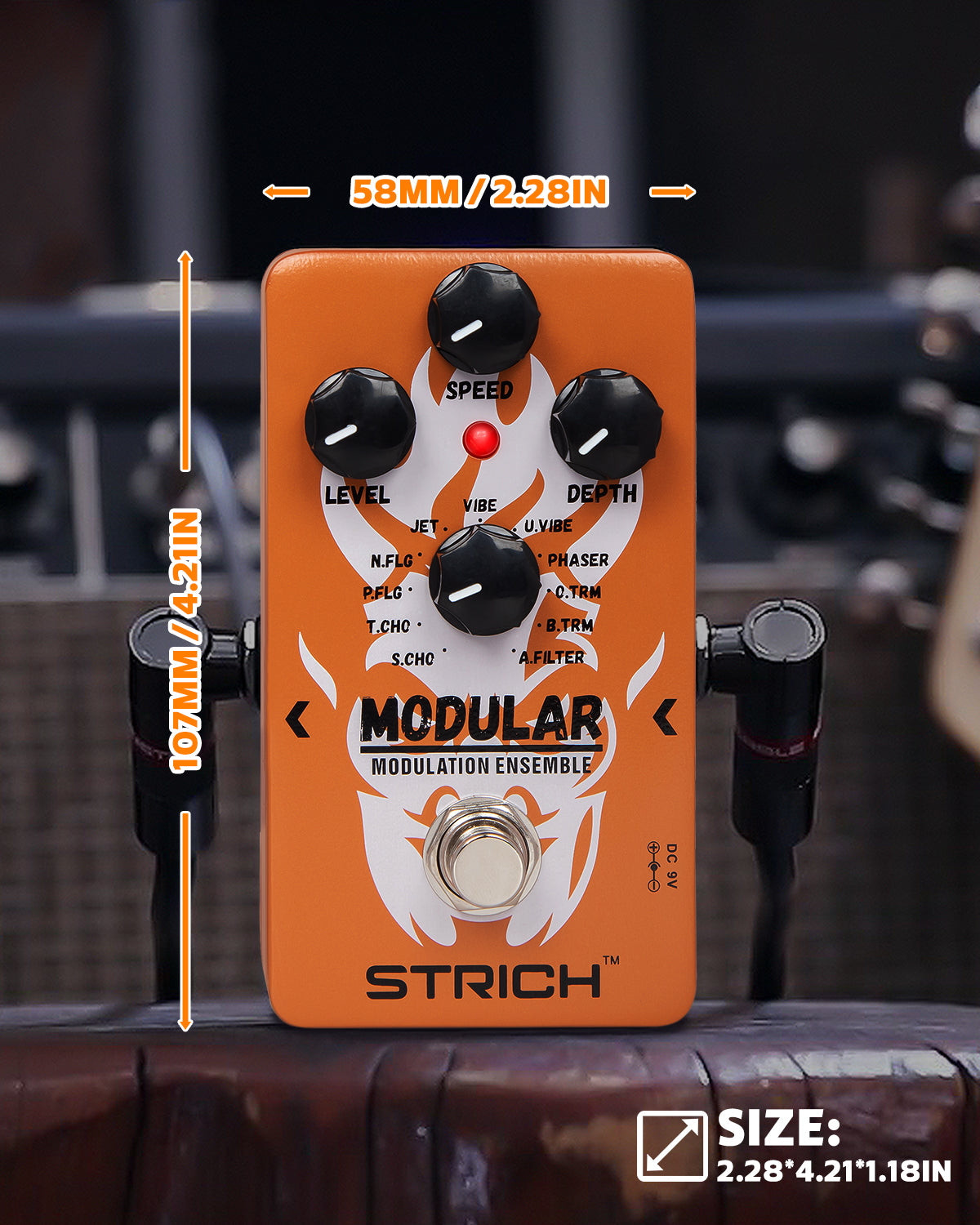 STRICH 11-Mode Modulation Guitar Pedal with Chorus, Phaser, Tremolo, Flanger, Vibrato, Auto Filter for Electric Guitar, True Bypass, Orange