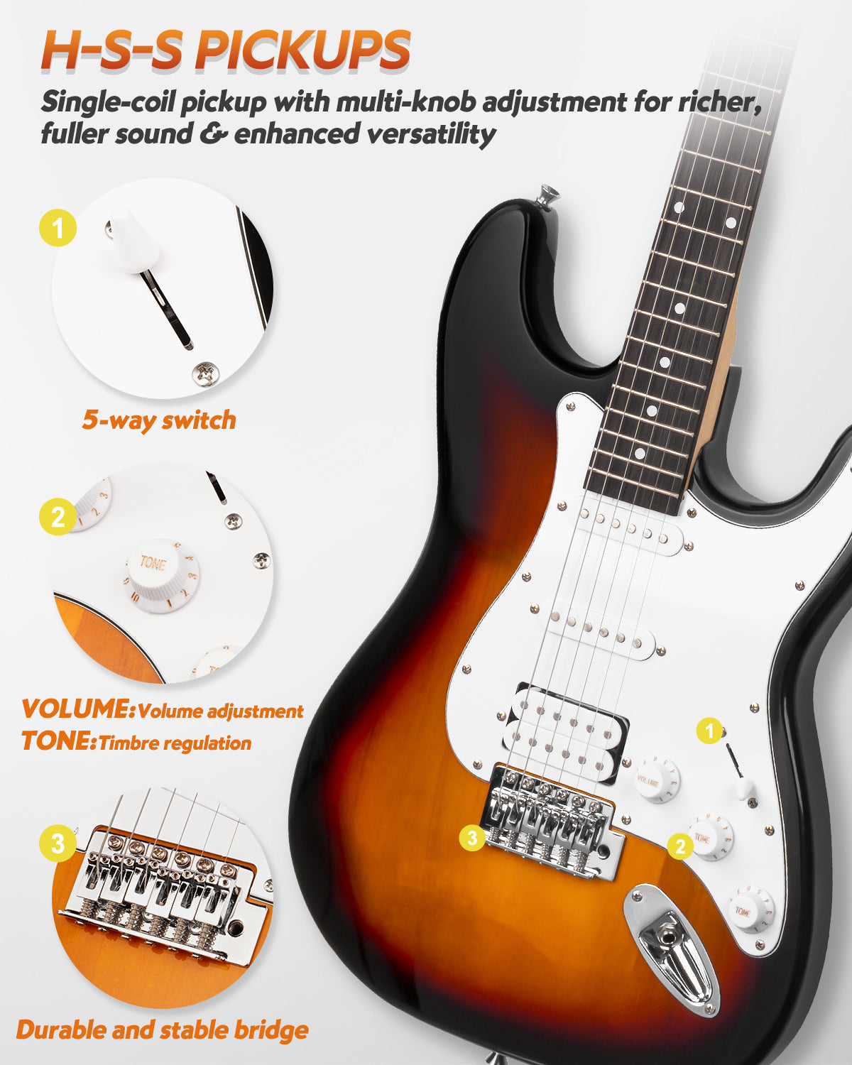 STRICH Electric Guitar Beginner Kit, Solid Body 39" Full Size Electric Guitar HSS Pick Up for Starter, with 10W Amp, Bag, Digital Tuner, Capo, Strap, String,Cable, Picks, SST-S20 Sunburst