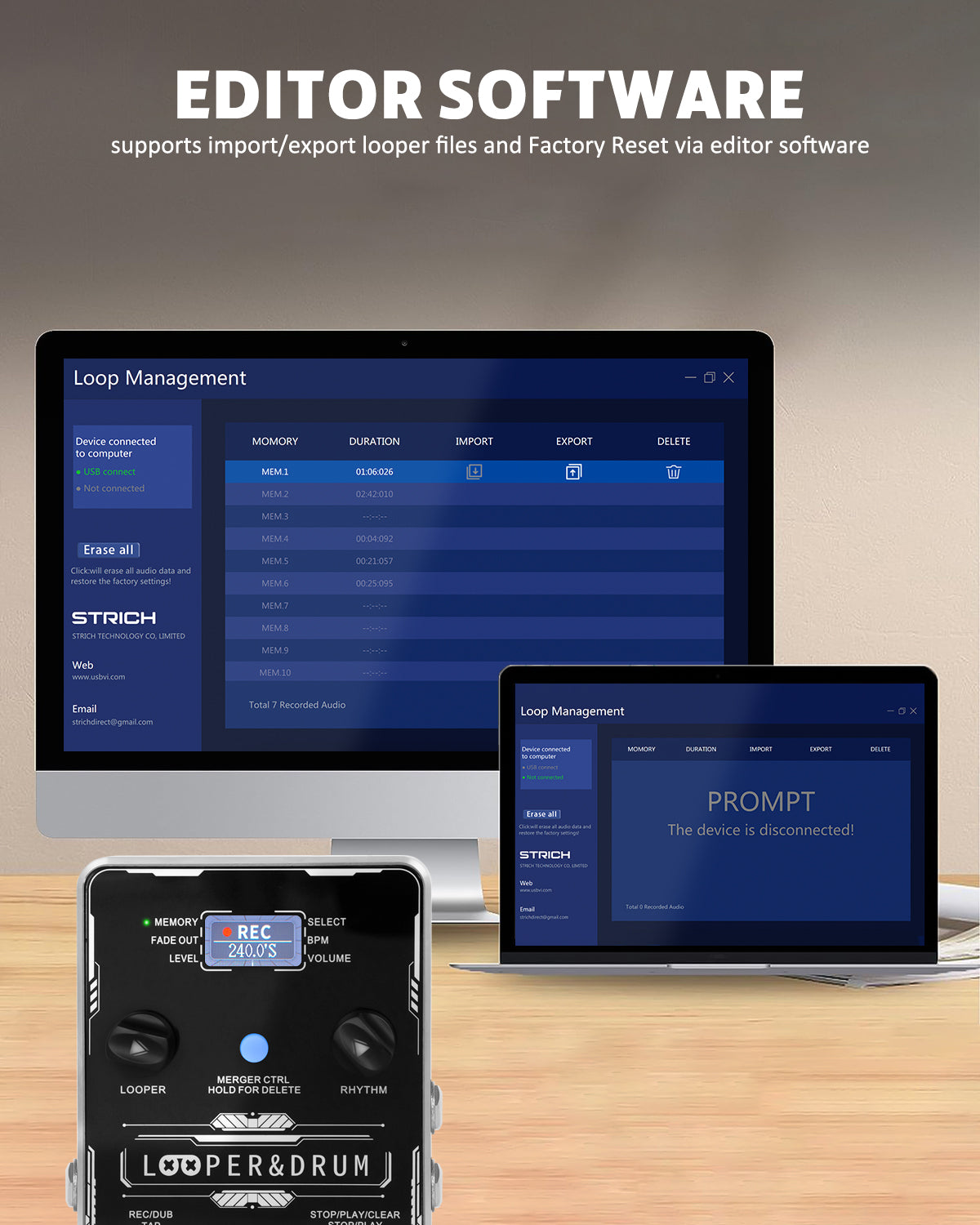 STRICH Stereo Looper Pedal Guitar Pedal with Built-in Drum Machine, 100 Diverse Drum Patterns, 160 Minutes Recording Time, USB for Audio Import/Export, Support Software Editing Footswitch Control