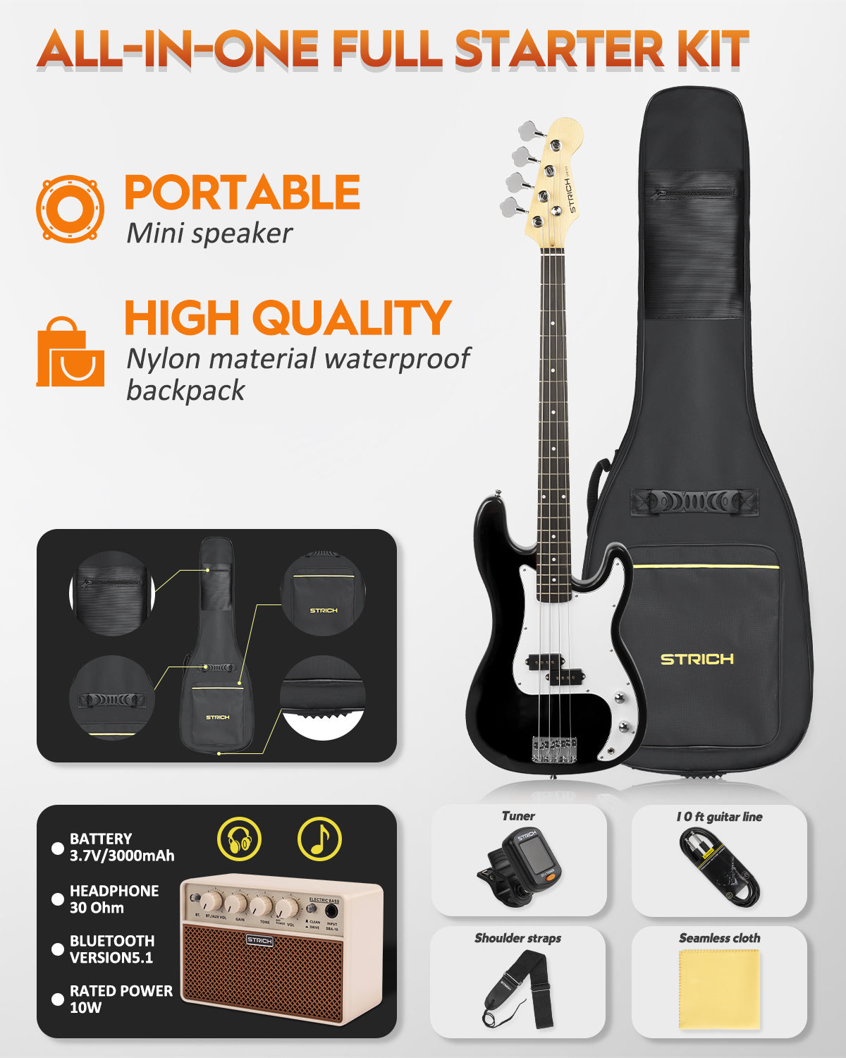 STRICH Electric Bass Guitar 4 Strings Full-Size Beginner Kit, PB-Style Standard Bass for Starter with 20w Amp, Bag, Tuner, Strap, Cable, SPB-S10 Black