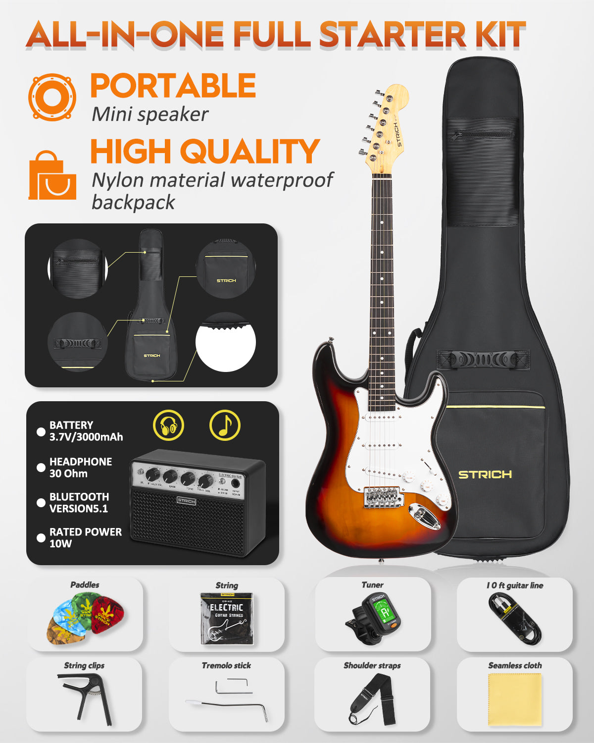 STRICH Electric Guitar Beginner Kit, Solid Body 39" Full Size Electric Guitar SSS Pick Up for Starter, with 10W Amp, Bag, Digital Tuner, Capo, Strap, String,Cable, Picks, SST-S10 Sunburst